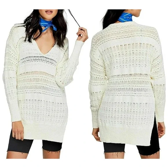Free People Women's Hot Tropics Pullover Sweater Crochet Ivory Size Large - Picture 1 of 10